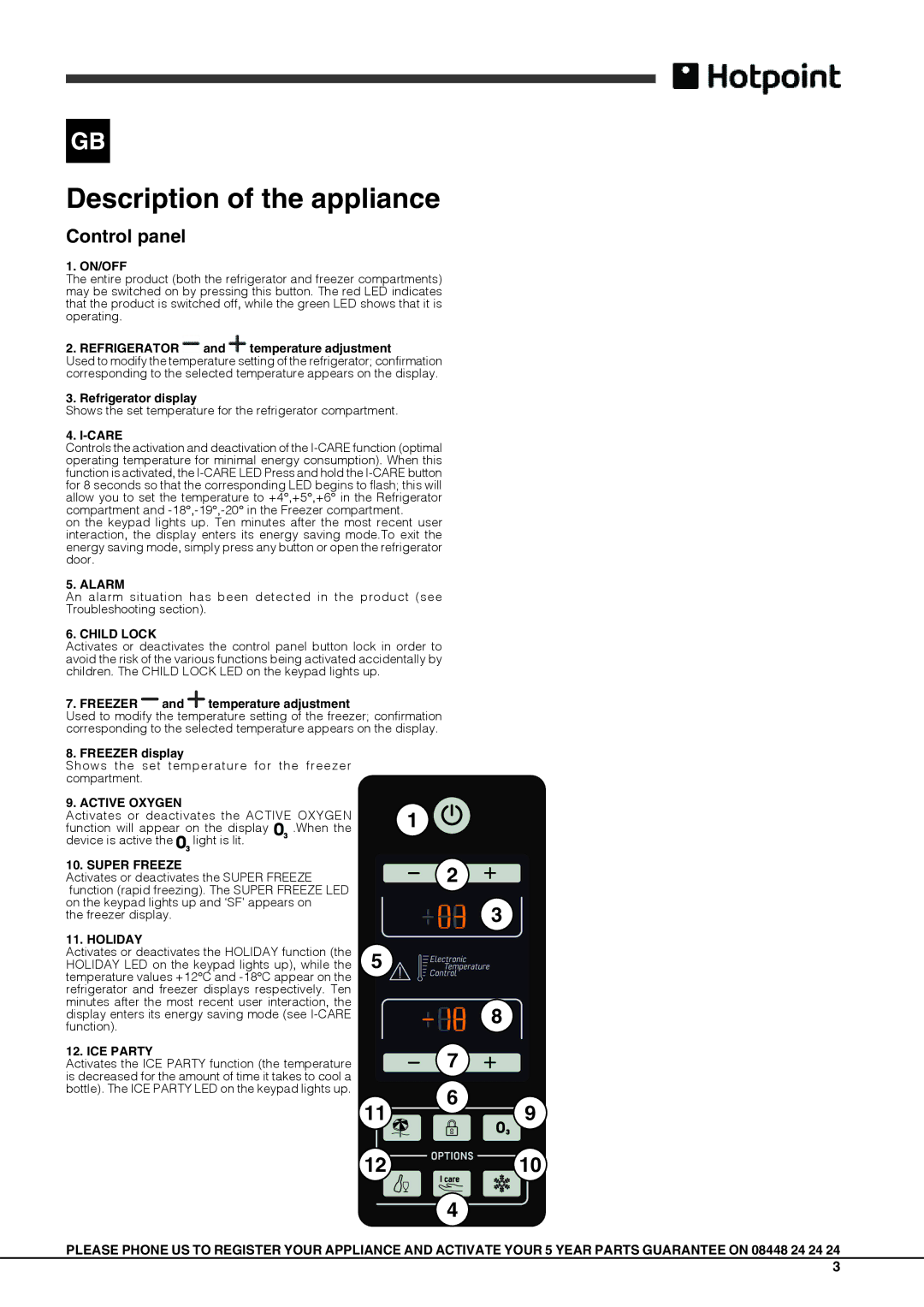 Hotpoint FFUG 18xx x O3, FFUG 20xx x O3 manual Description of the appliance, Control panel 