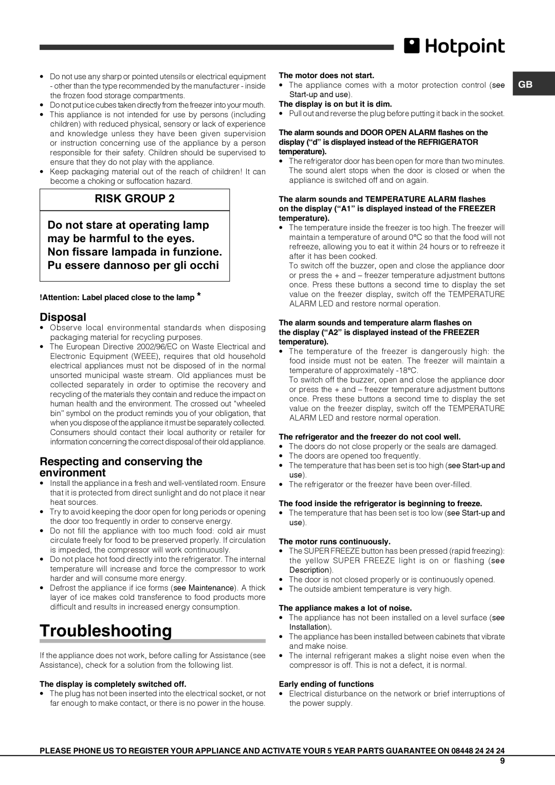 Hotpoint FFUG 18xx x O3, FFUG 20xx x O3 manual Troubleshooting, Respecting and conserving the environment 