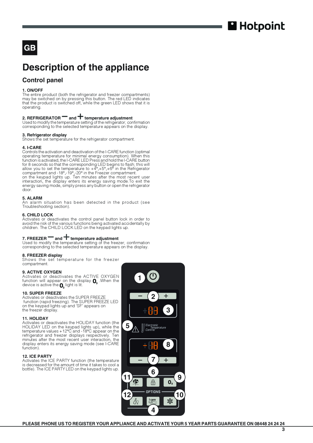 Hotpoint FFUG 18xx x O3, FFUG 20xx x O3 manual Description of the appliance, 119 1210, Control panel 