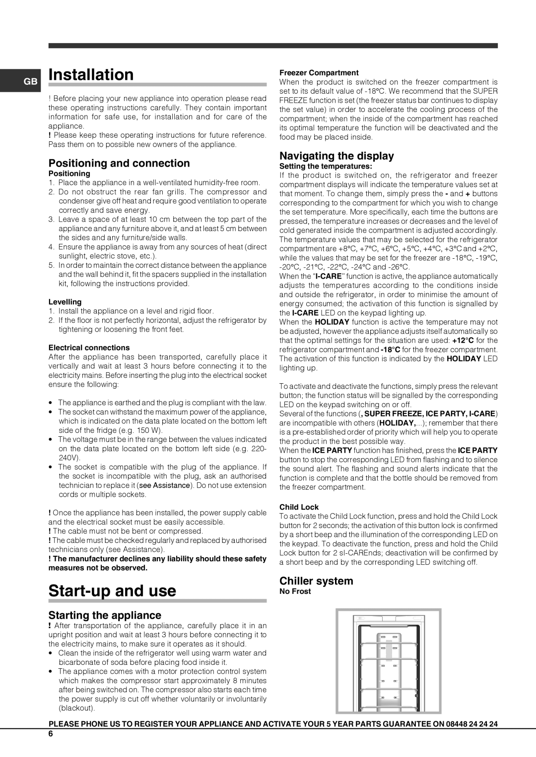Hotpoint FFUG 20xx x O3 manual GB Installation, Start-up and use, Positioning and connection, Navigating the display 