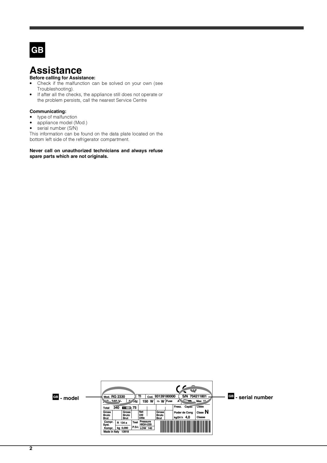 Hotpoint FFUL 1913 X, FFUL 1913 P manual Before calling for Assistance, Communicating 