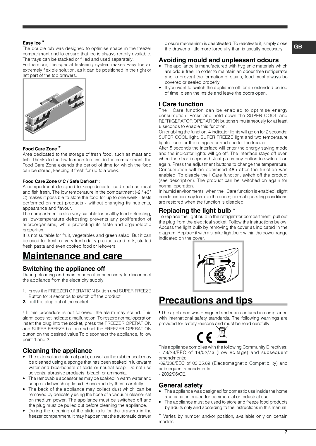 Hotpoint FFUL 1913 P, FFUL 1913 X manual Maintenance and care, Precautions and tips 