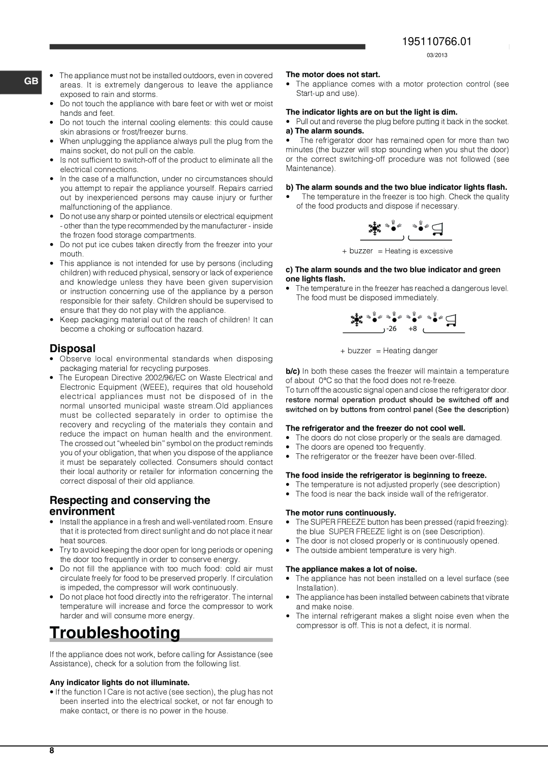 Hotpoint FFUL 1913 X, FFUL 1913 P manual Troubleshooting, Disposal, Respecting and conserving the environment 