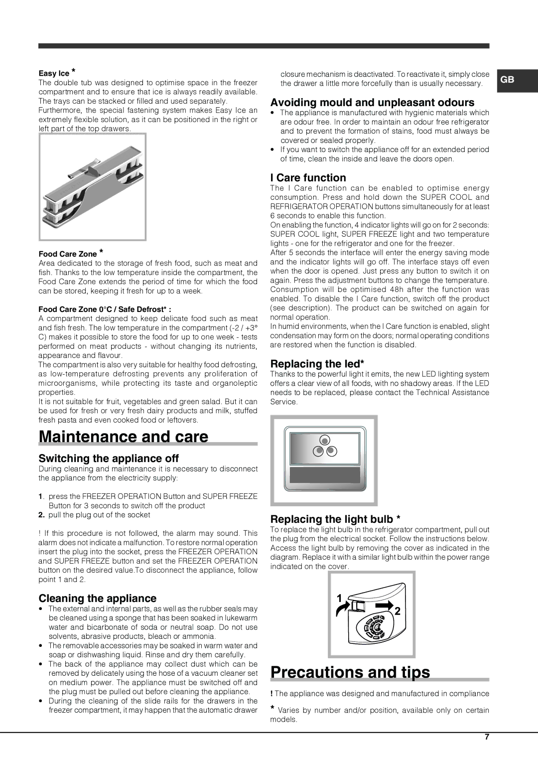 Hotpoint FFUL 1913 P, FFUL 1913 X manual Maintenance and care, Precautions and tips 