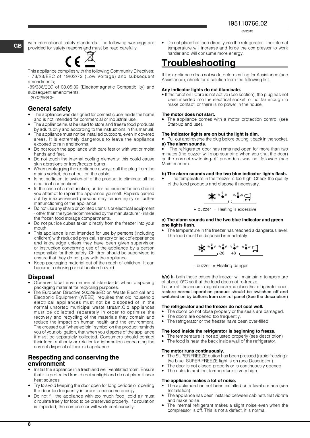 Hotpoint FFUL 1913 X, FFUL 1913 P Troubleshooting, General safety, Disposal, Respecting and conserving the environment 