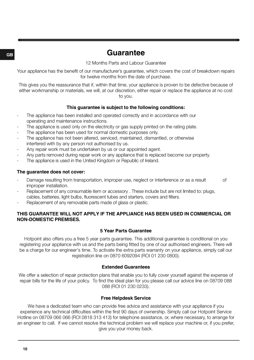 Hotpoint FTM70S manual Guarantee 