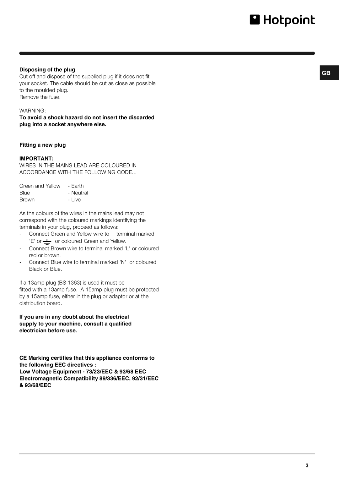 Hotpoint FTM70S manual Disposing of the plug 