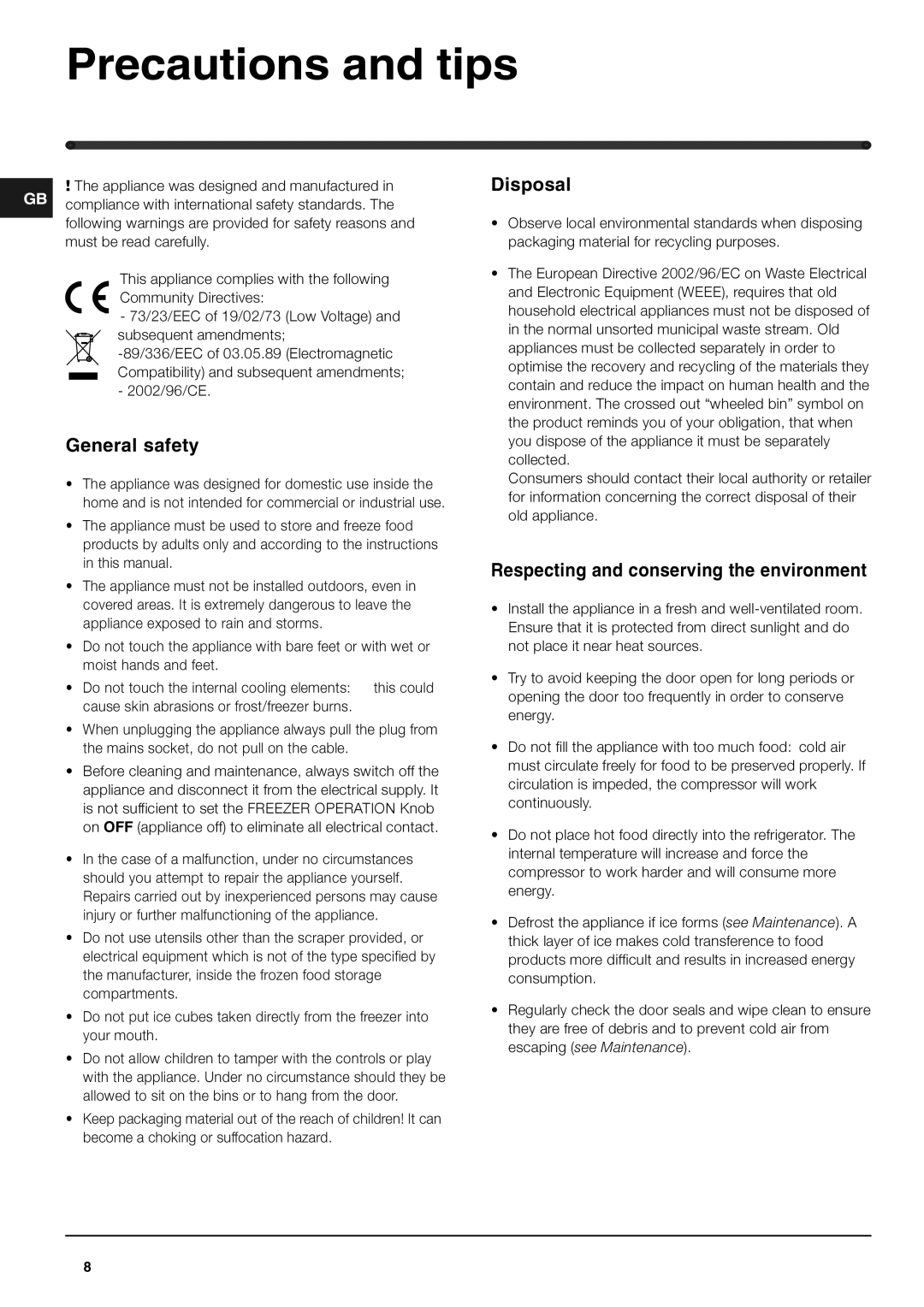 Hotpoint FTM70S manual Precautions and tips, General safety, Disposal, Respecting and conserving the environment 