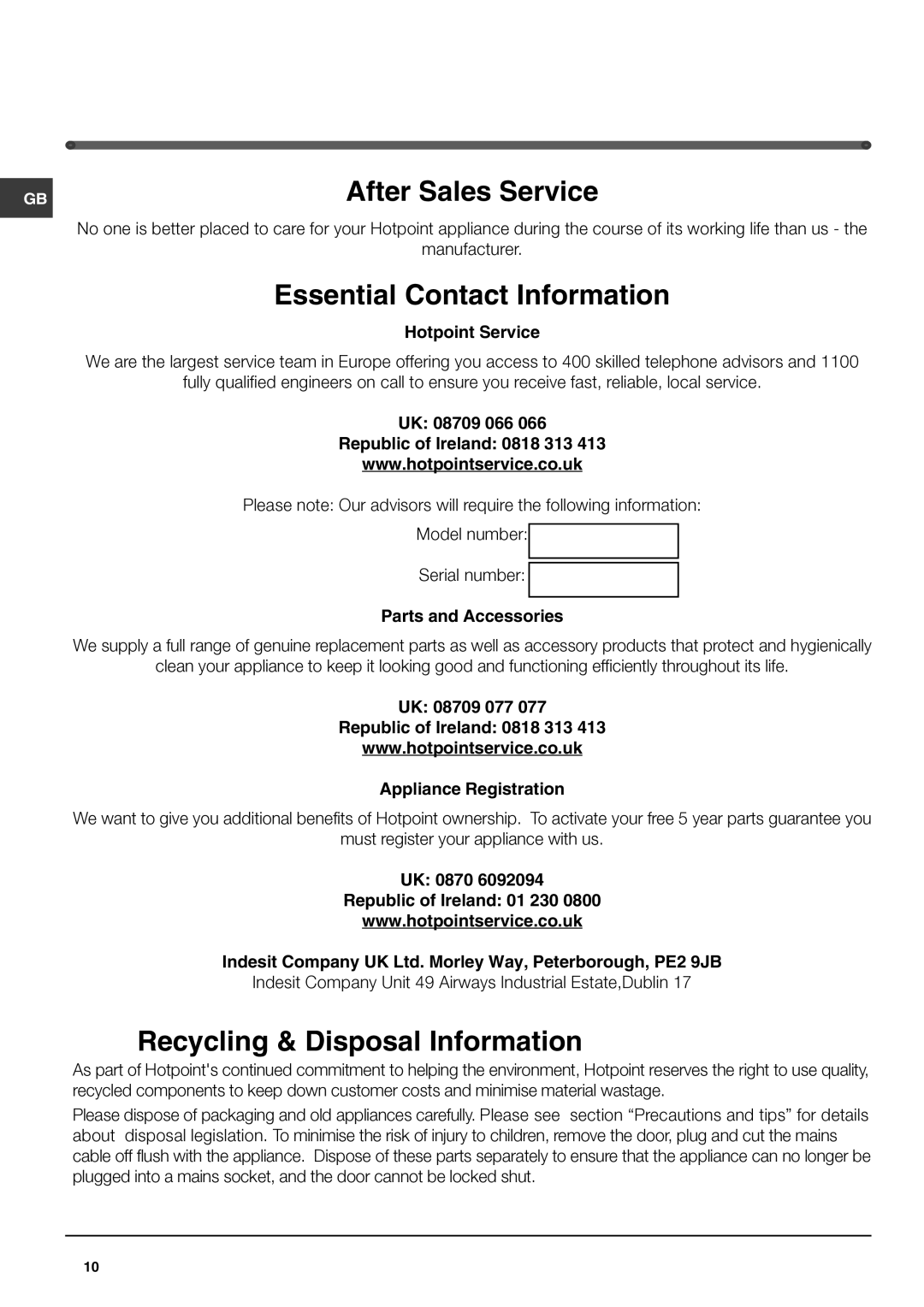 Hotpoint FZ150G, FZ150P manual After Sales Service 