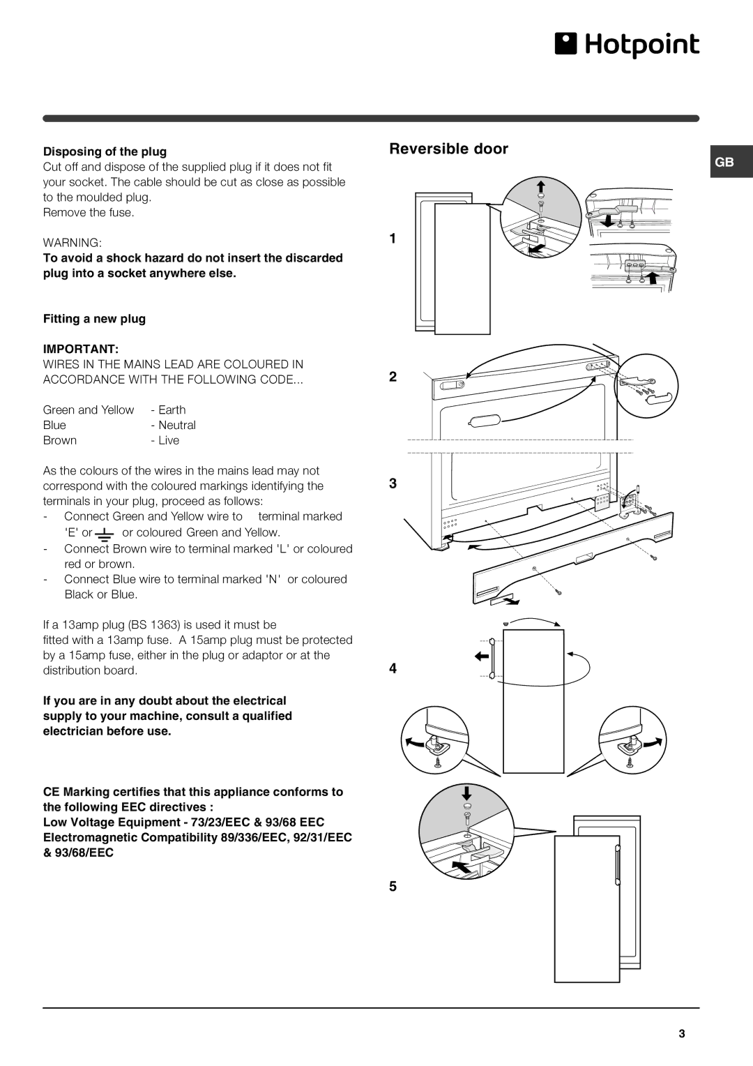 Hotpoint FZ150P, FZ150G manual Reversible door, Disposing of the plug 