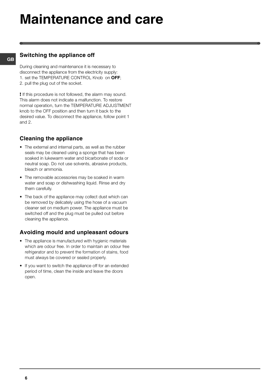 Hotpoint FZ150G, FZ150P manual Maintenance and care, Switching the appliance off, Cleaning the appliance 