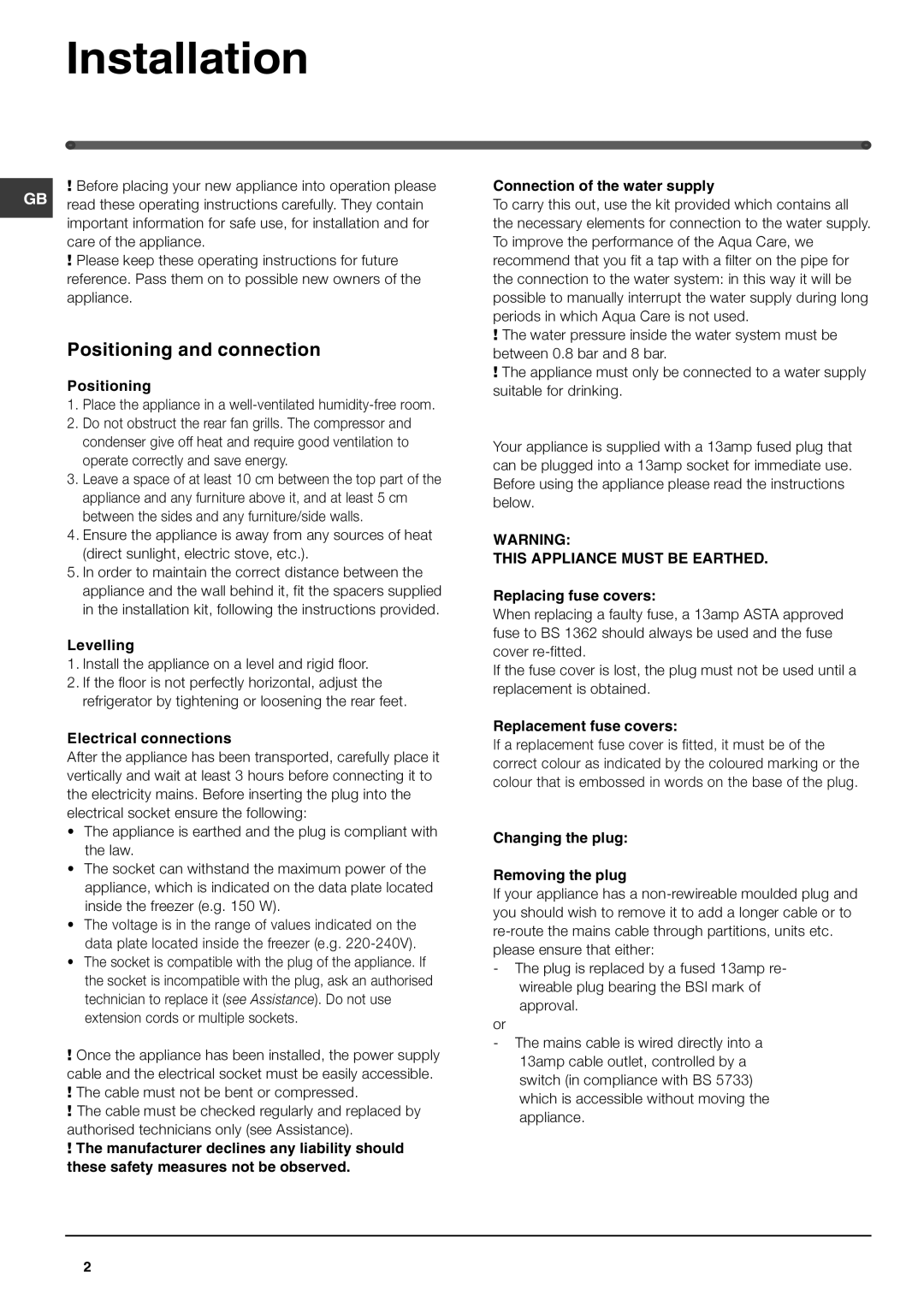 Hotpoint FZ175X manual Installation, Positioning and connection 