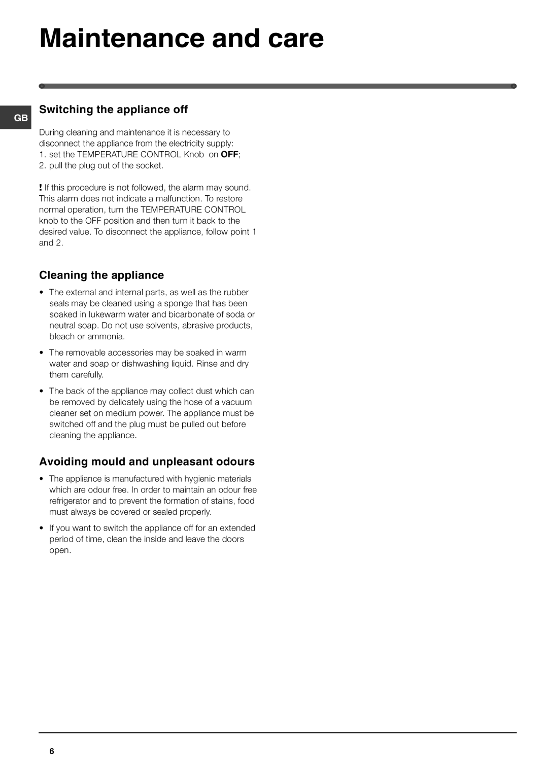 Hotpoint FZ175X manual Maintenance and care, Switching the appliance off, Cleaning the appliance 