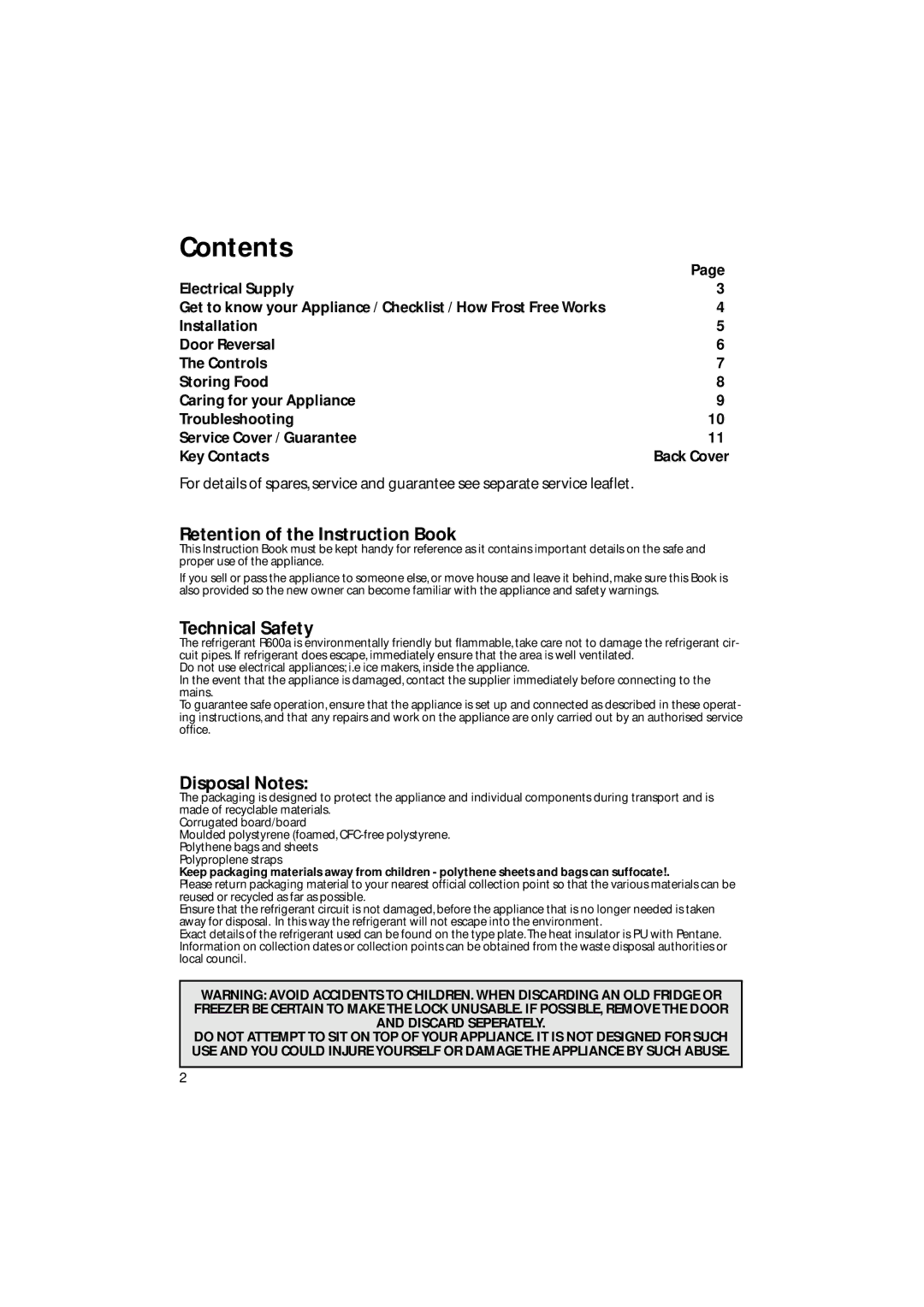 Hotpoint FZ92P manual Contents 