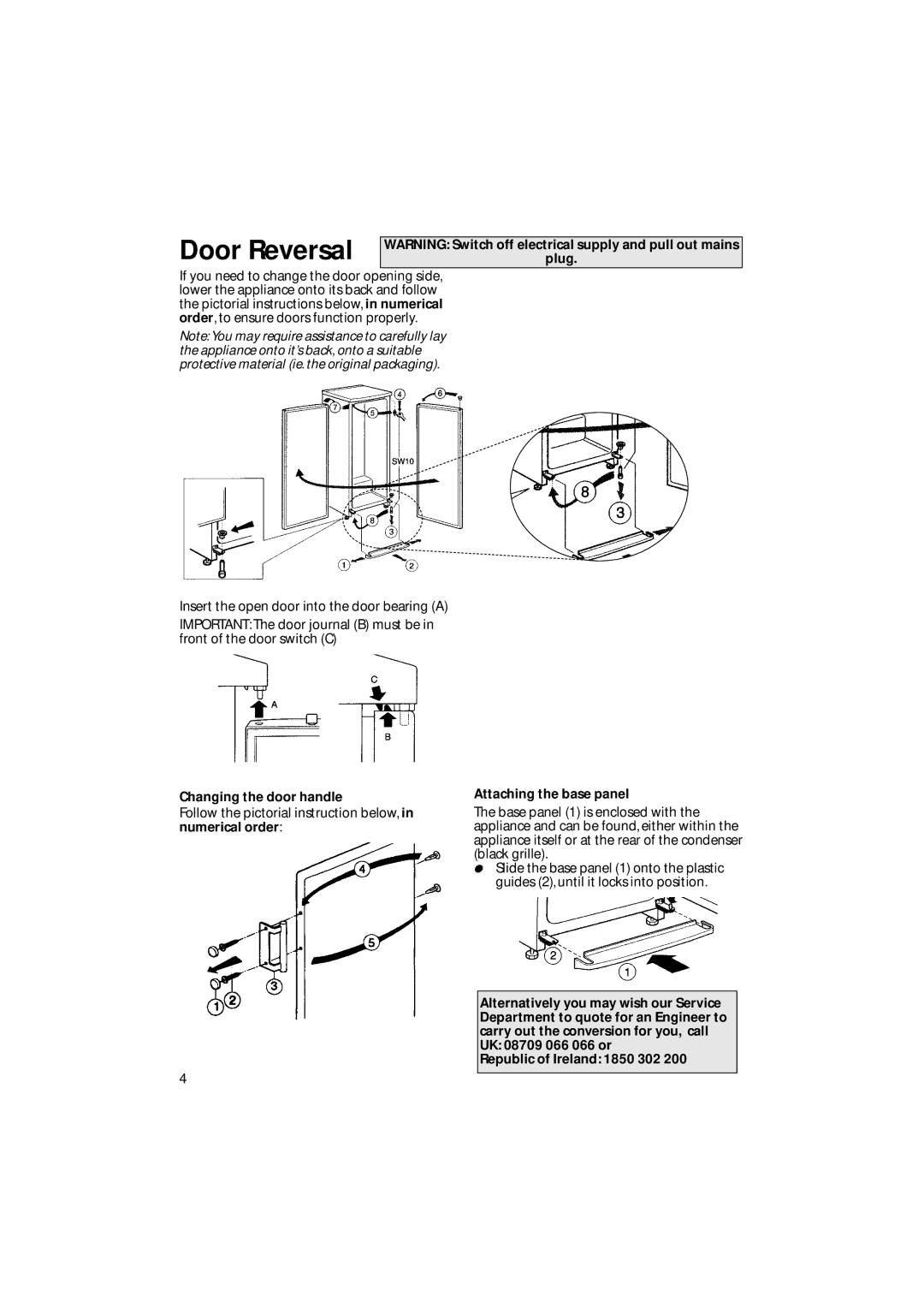 Hotpoint FZ92P manual Door Reversal, Plug, Changing the door handle, Attaching the base panel 