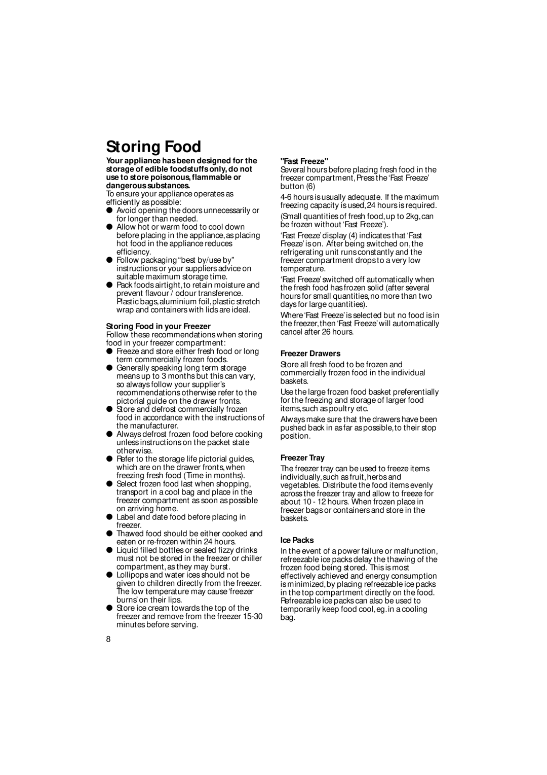 Hotpoint FZ92P manual Storing Food 