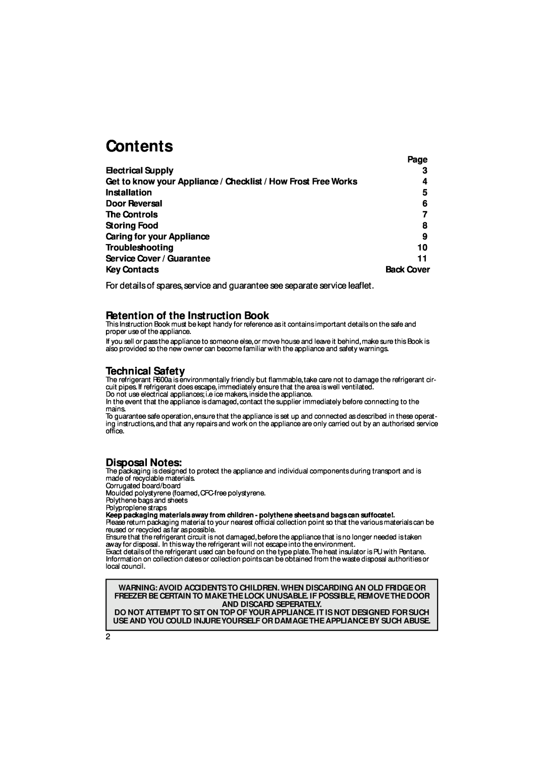Hotpoint FZ92P manual Contents, Retention of the Instruction Book, Technical Safety, Disposal Notes 