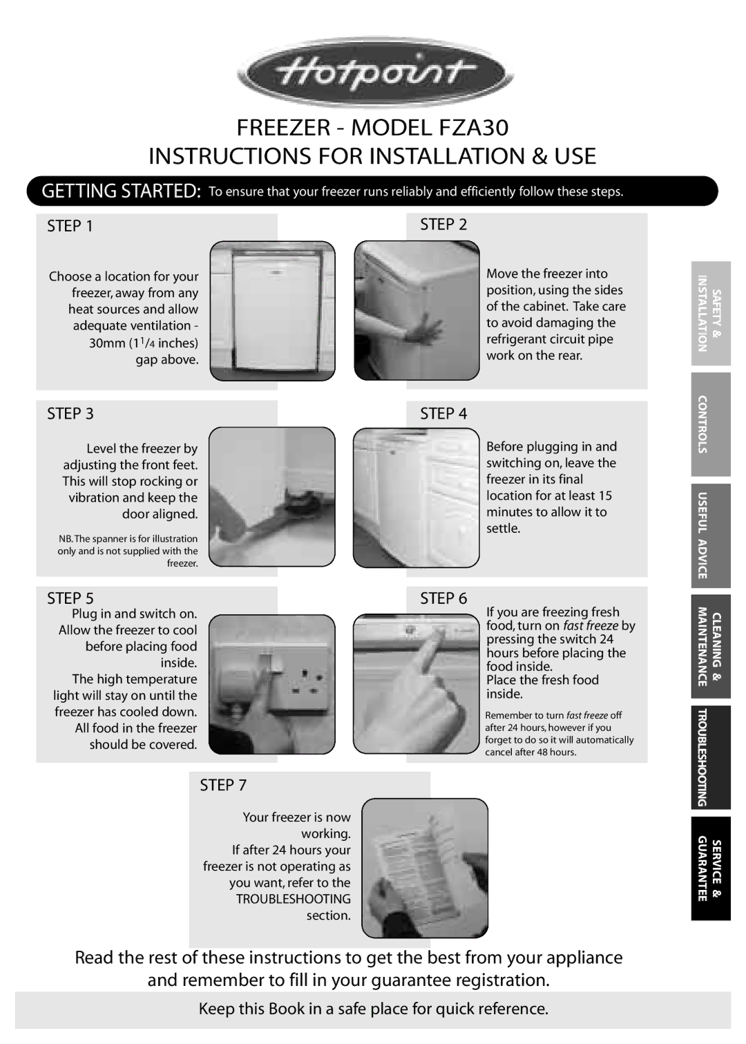 Hotpoint manual Freezer Model FZA30 Instructions for Installation & USE 