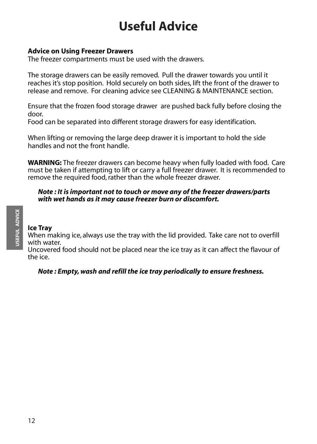 Hotpoint FZA30 manual Advice on Using Freezer Drawers, Ice Tray 