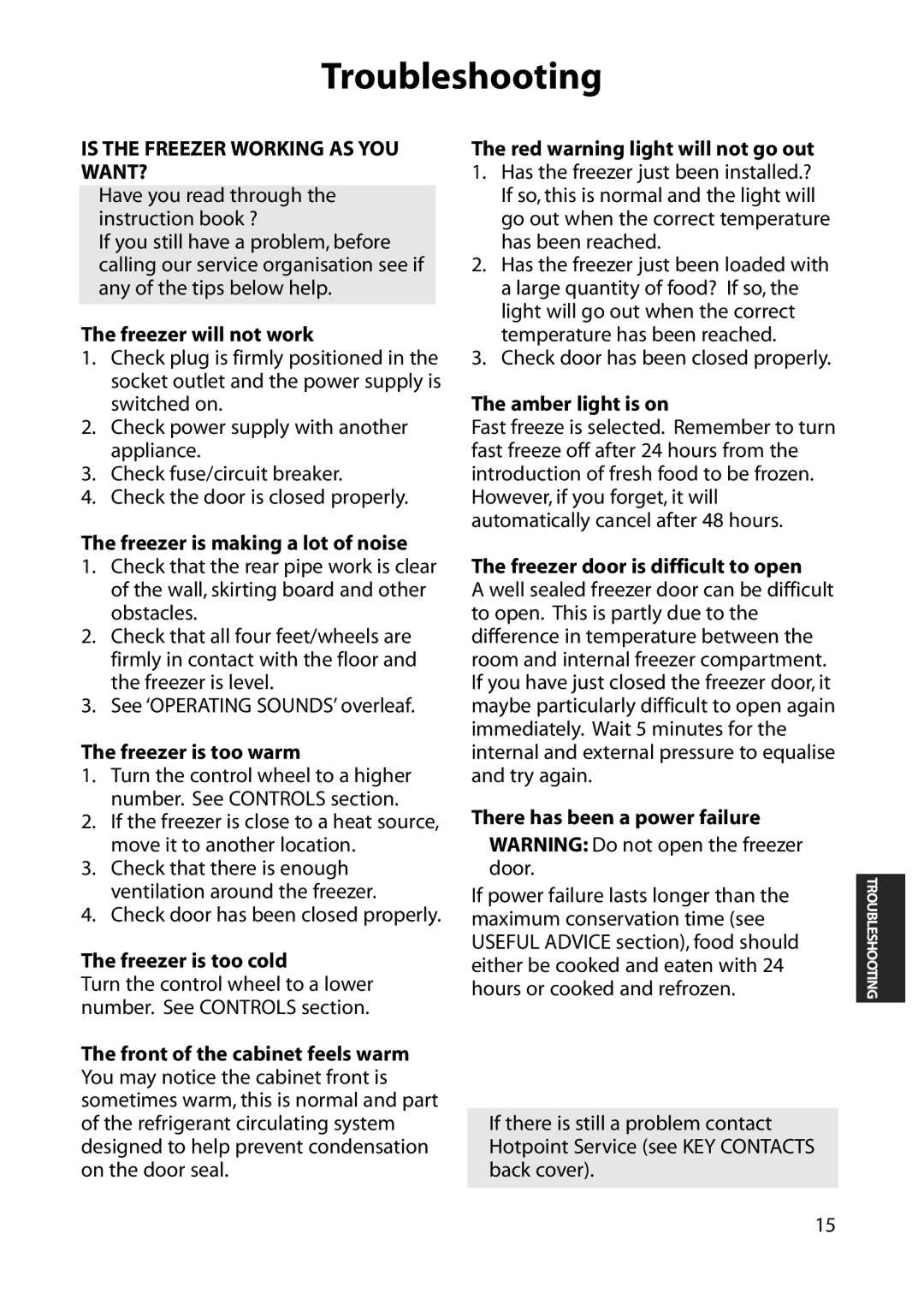 Hotpoint FZA30 manual Troubleshooting 