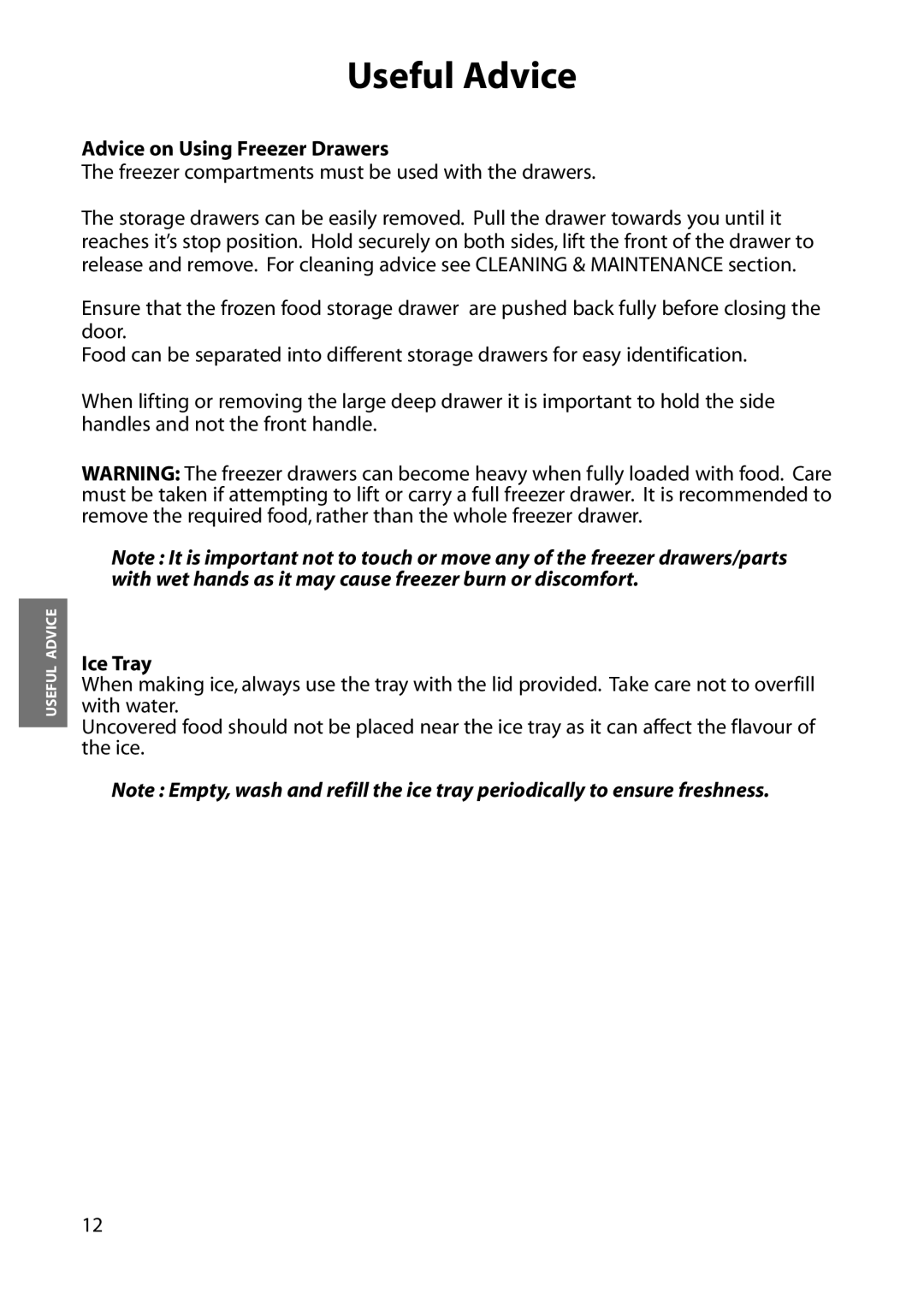 Hotpoint FZA31, FZM31 manual Advice on Using Freezer Drawers, Ice Tray 