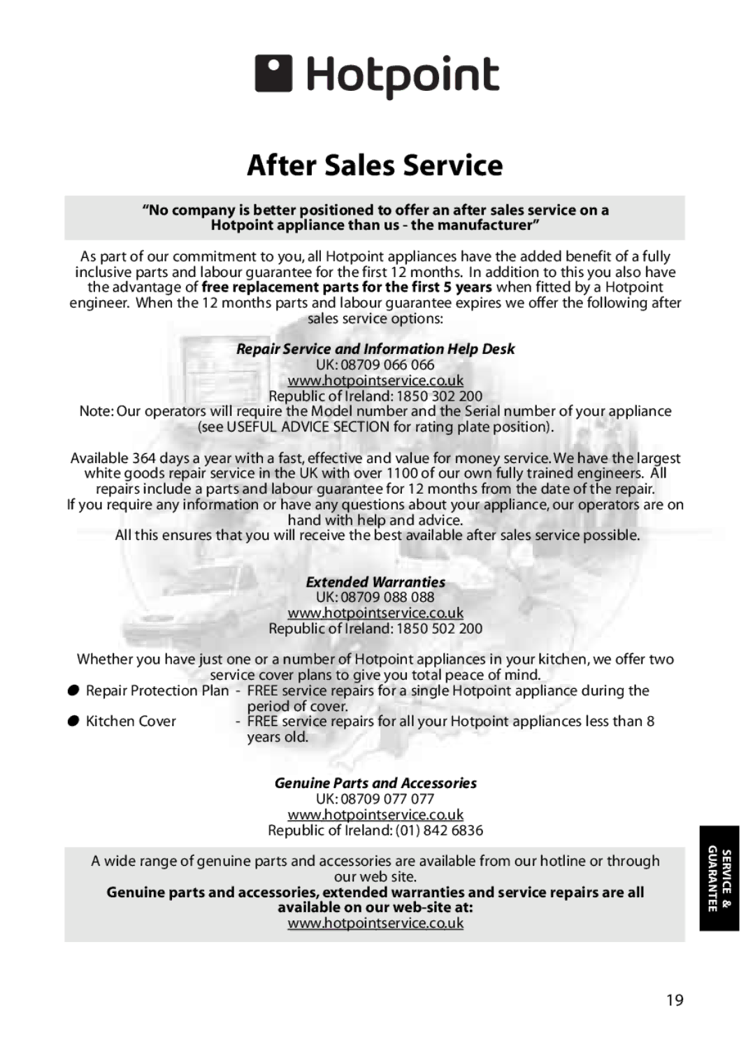 Hotpoint FZM31, FZA31 manual After Sales Service, Repair Service and Information Help Desk 