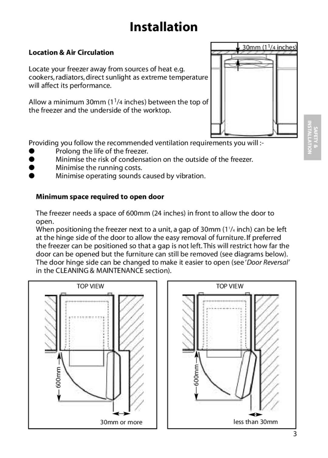 Hotpoint FZM31, FZA31 manual Installation, Location & Air Circulation, Minimum space required to open door 