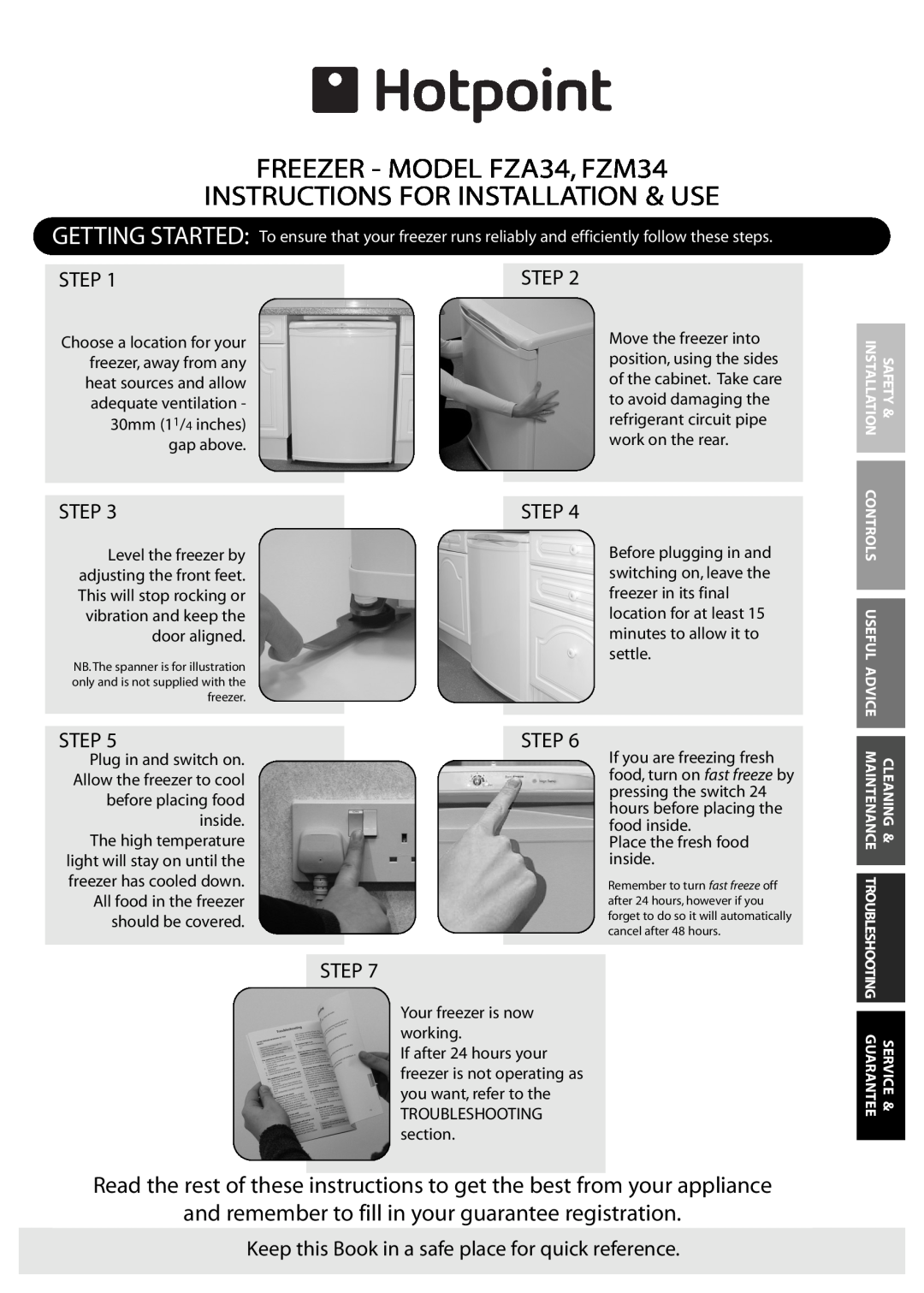 Hotpoint manual FREEZER - MODEL FZA34, FZM34 INSTRUCTIONS FOR INSTALLATION & USE, Getting Started 