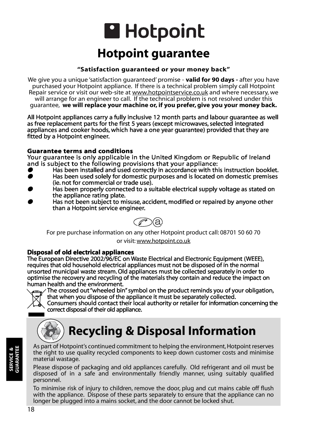 Hotpoint FZA34 manual Hotpoint guarantee, Recycling & Disposal Information, Disposal of old electrical appliances 