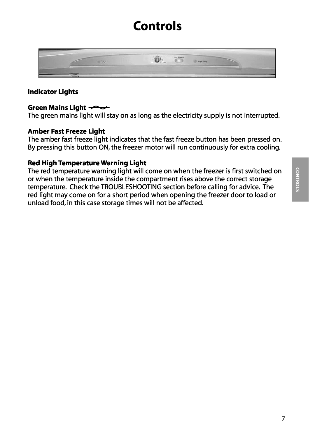 Hotpoint FZA34 Indicator Lights Green Mains Light, Amber Fast Freeze Light, Red High Temperature Warning Light, Controls 
