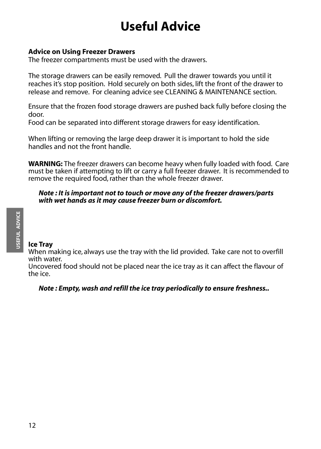 Hotpoint FZA51, FZM81, FZM51, FZA81 manual Advice on Using Freezer Drawers, Ice Tray 