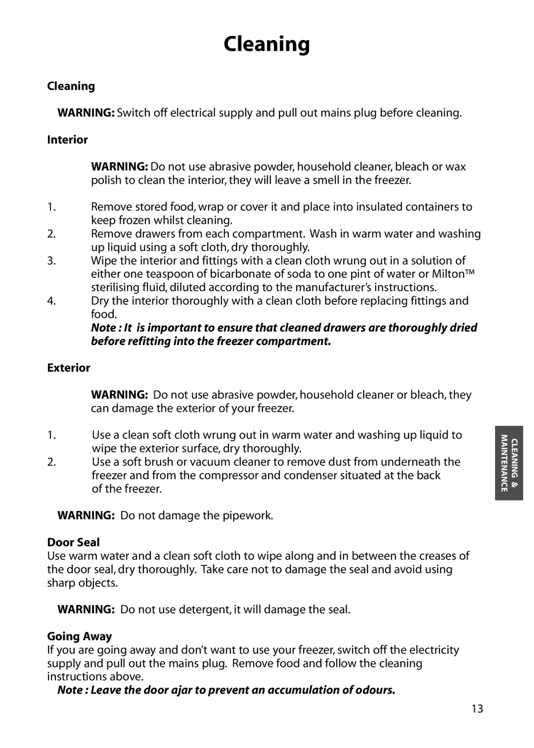 Hotpoint FZM81, FZA51, FZM51, FZA81 manual Cleaning Interior, Exterior, Door Seal, Going Away 