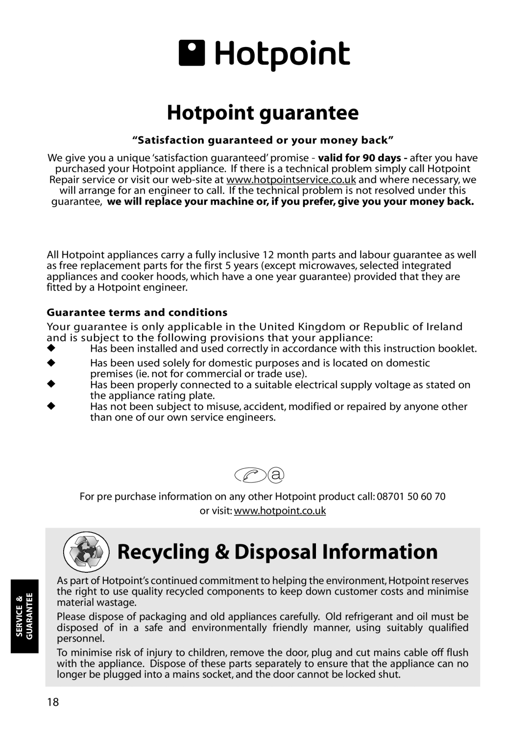 Hotpoint FZM51, FZA51, FZM81, FZA81 manual Hotpoint guarantee, Recycling & Disposal Information 