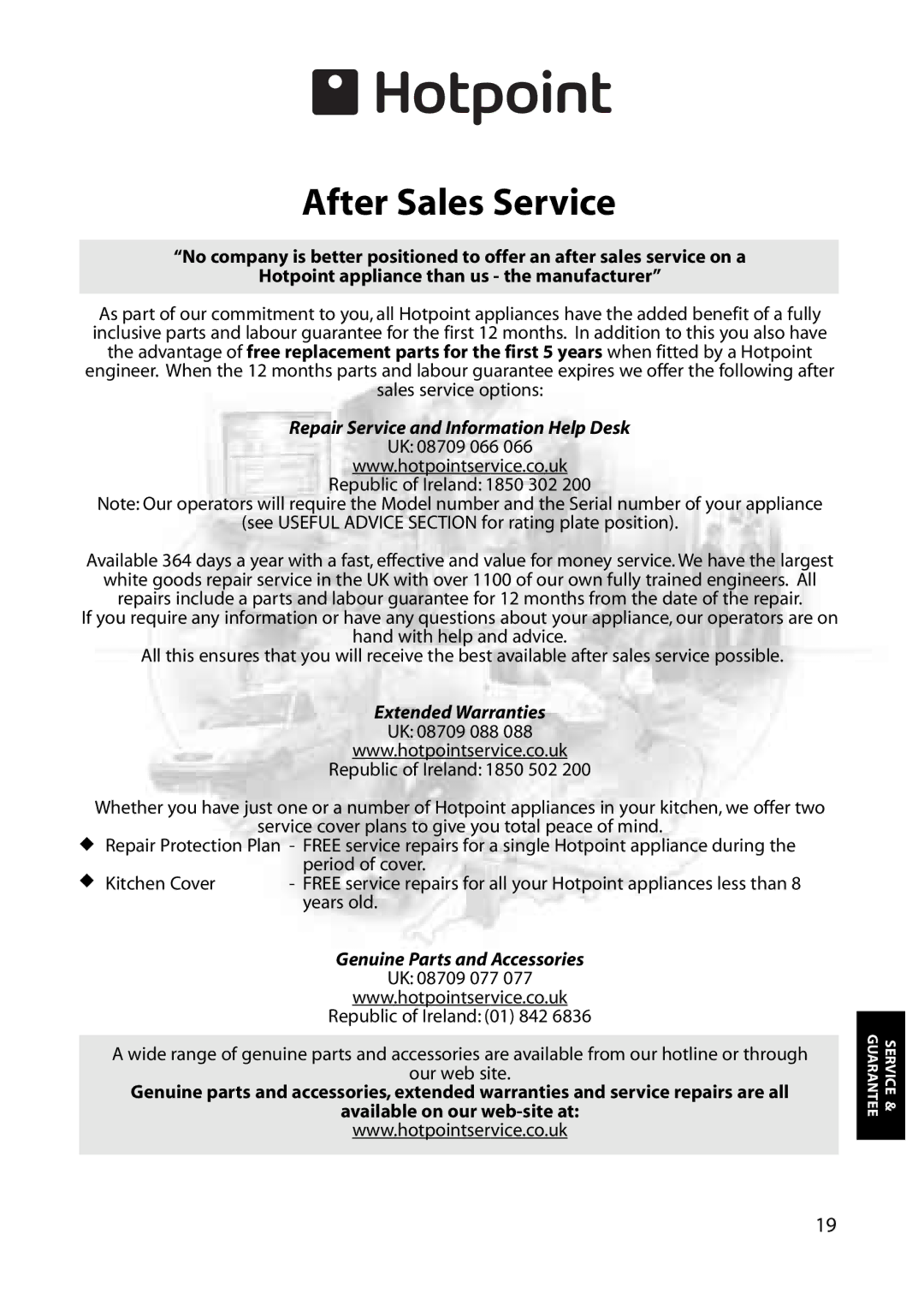 Hotpoint FZA81, FZA51, FZM81, FZM51 manual After Sales Service, Repair Service and Information Help Desk 