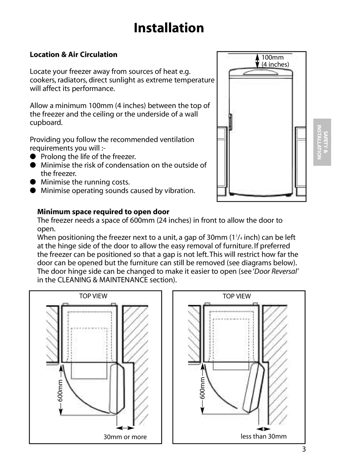 Hotpoint FZA81, FZA51, FZM81, FZM51 manual Installation, Location & Air Circulation, Minimum space required to open door 