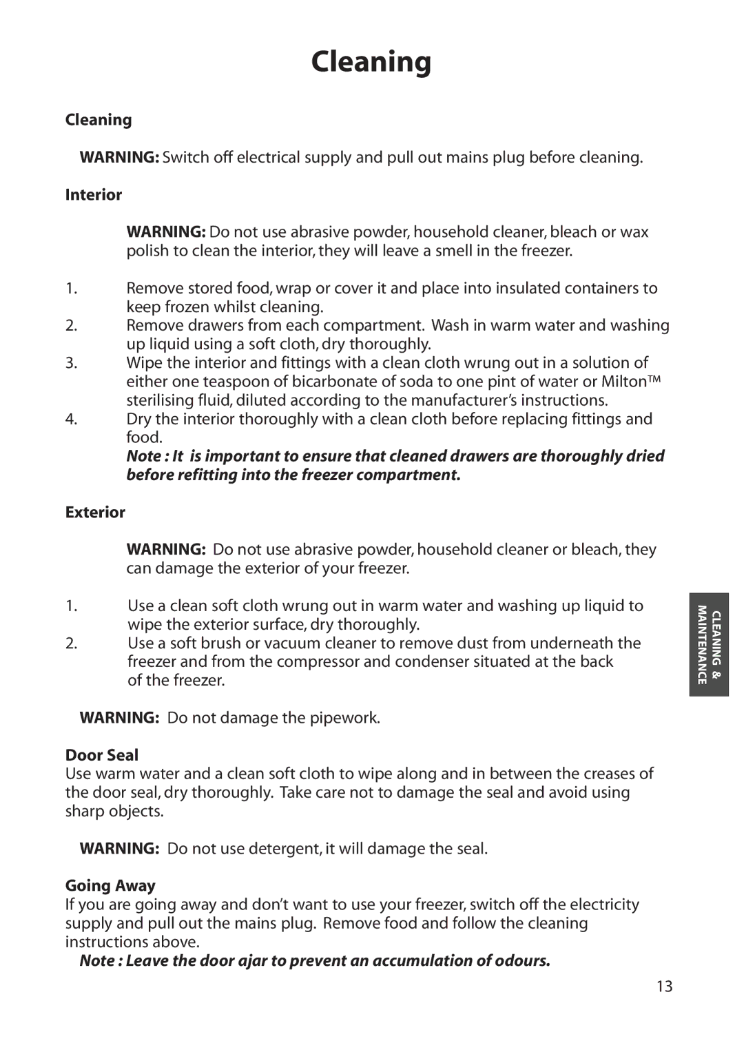 Hotpoint FZA50, FZA80 manual Cleaning Interior, Exterior, Door Seal, Going Away 