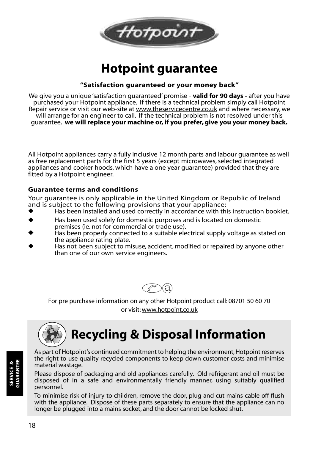 Hotpoint FZA80, FZA50 manual Hotpoint guarantee, Recycling & Disposal Information 