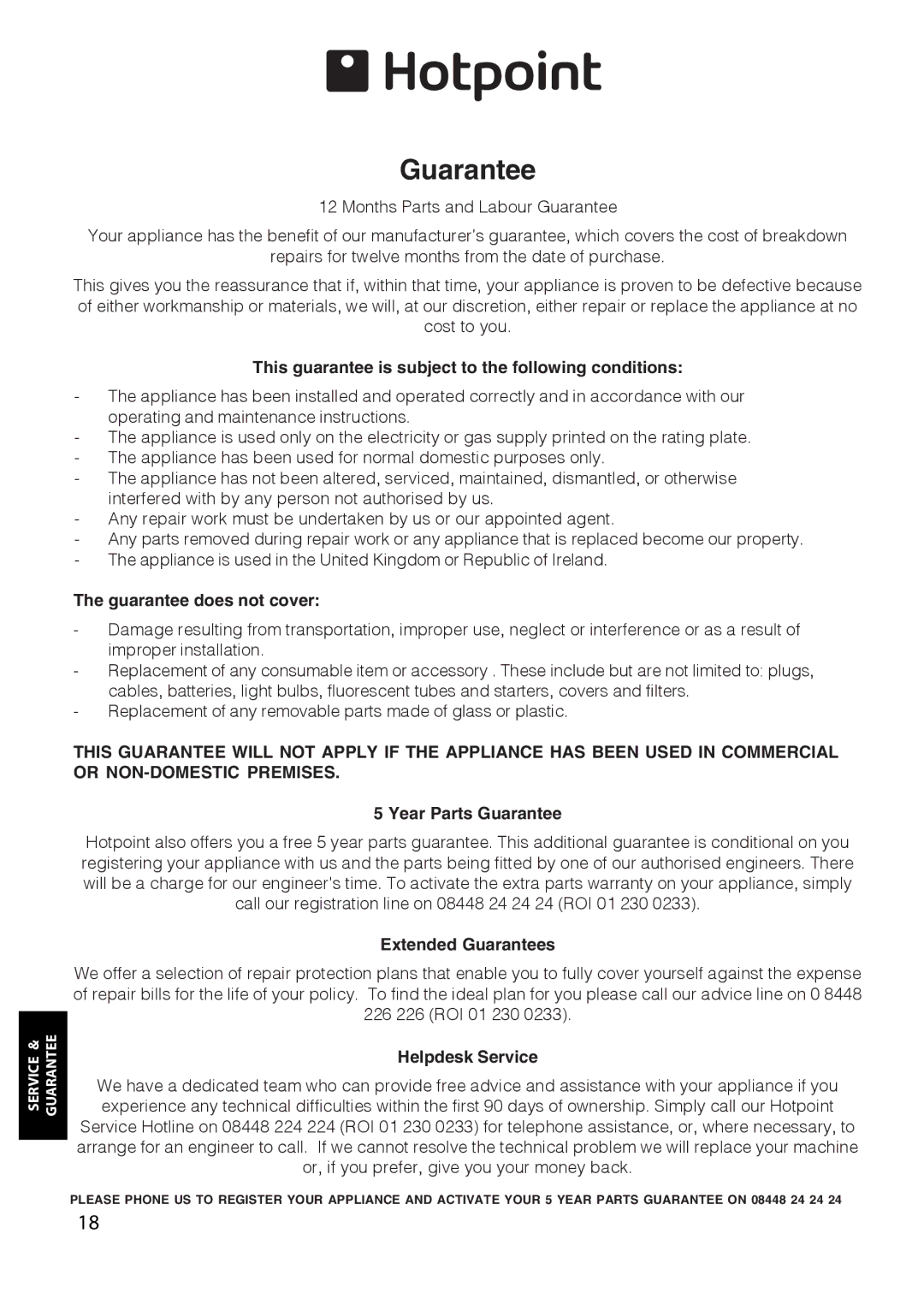 Hotpoint FZM34-FZA36P-FZA36G, FZA34 manual Guarantee 