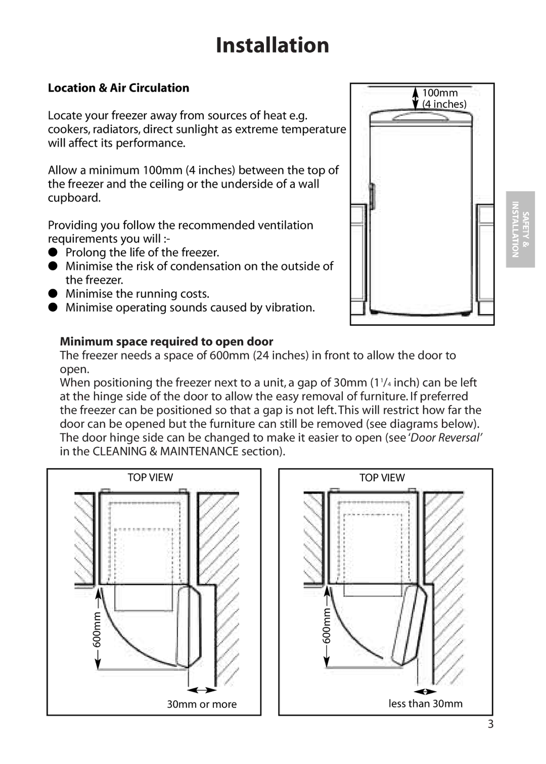 Hotpoint FZM80 manual Installation, Location & Air Circulation, Minimum space required to open door 