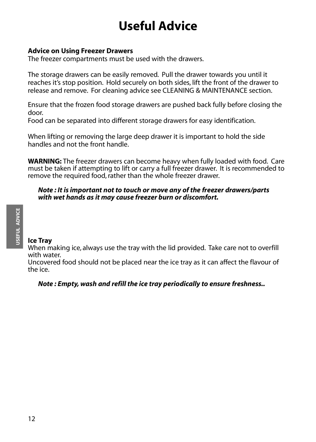 Hotpoint FZM84, FZA54, FZA84, FZM54 manual Advice on Using Freezer Drawers, Ice Tray 