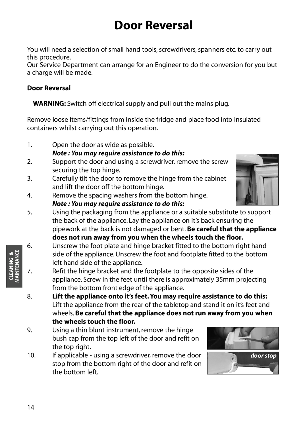 Hotpoint FZA84, FZM84, FZA54, FZM54 manual Door Reversal 