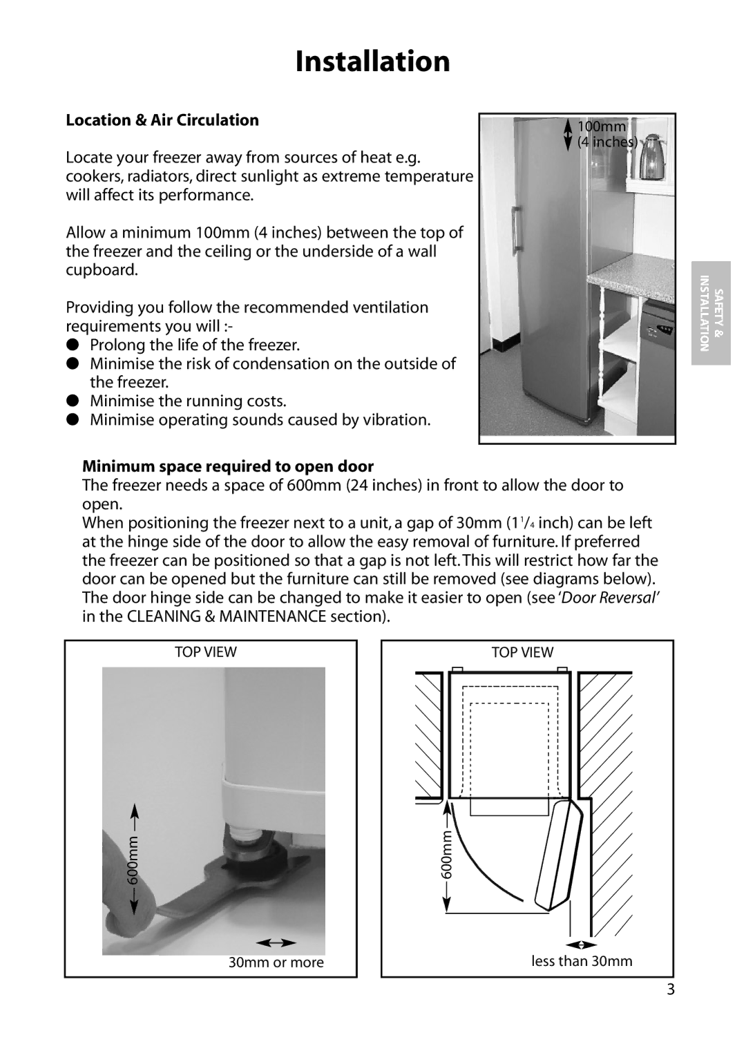 Hotpoint FZM54, FZM84, FZA54, FZA84 manual Installation, Location & Air Circulation, Minimum space required to open door 