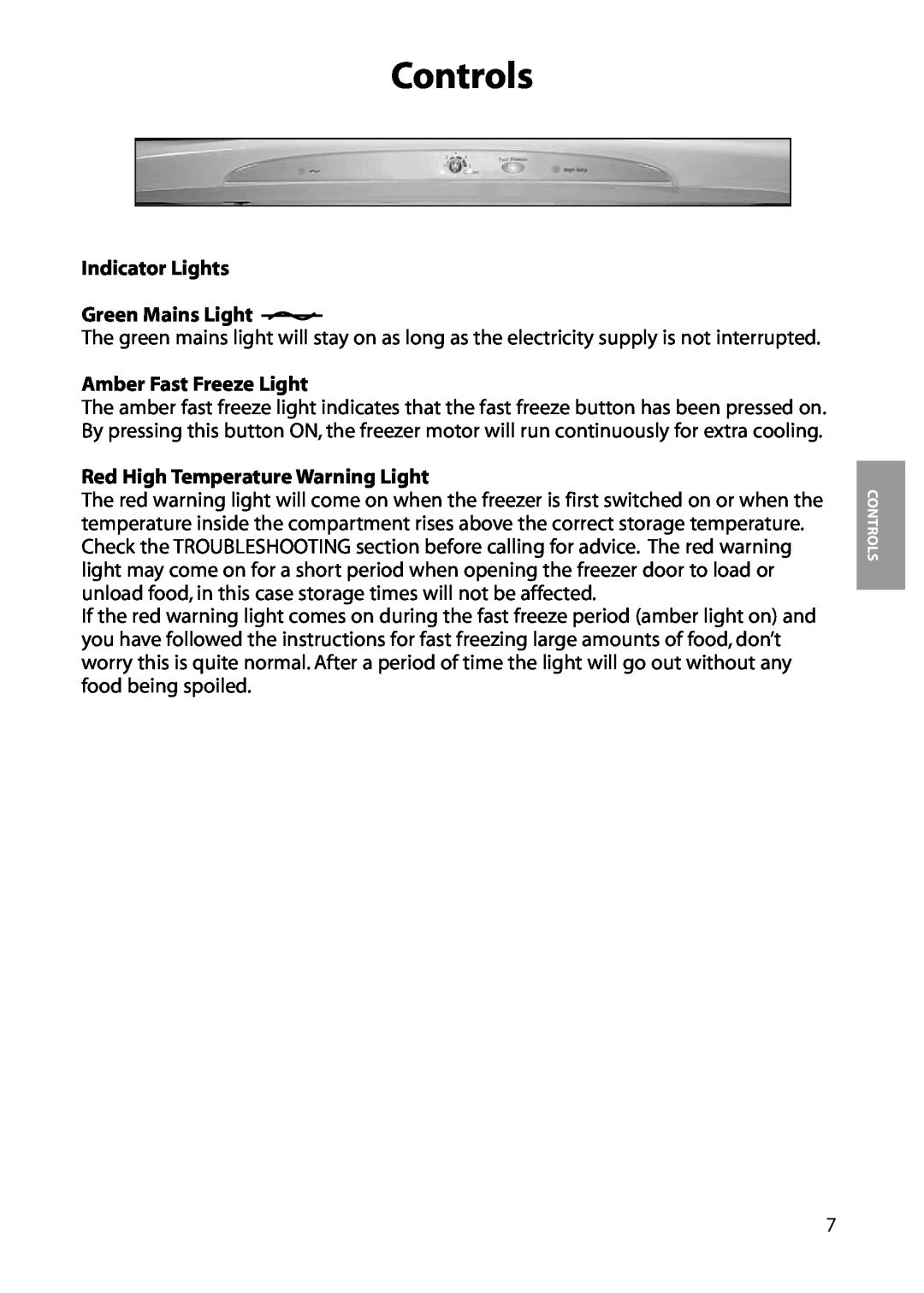 Hotpoint FZM54 Indicator Lights Green Mains Light, Amber Fast Freeze Light, Red High Temperature Warning Light, Controls 