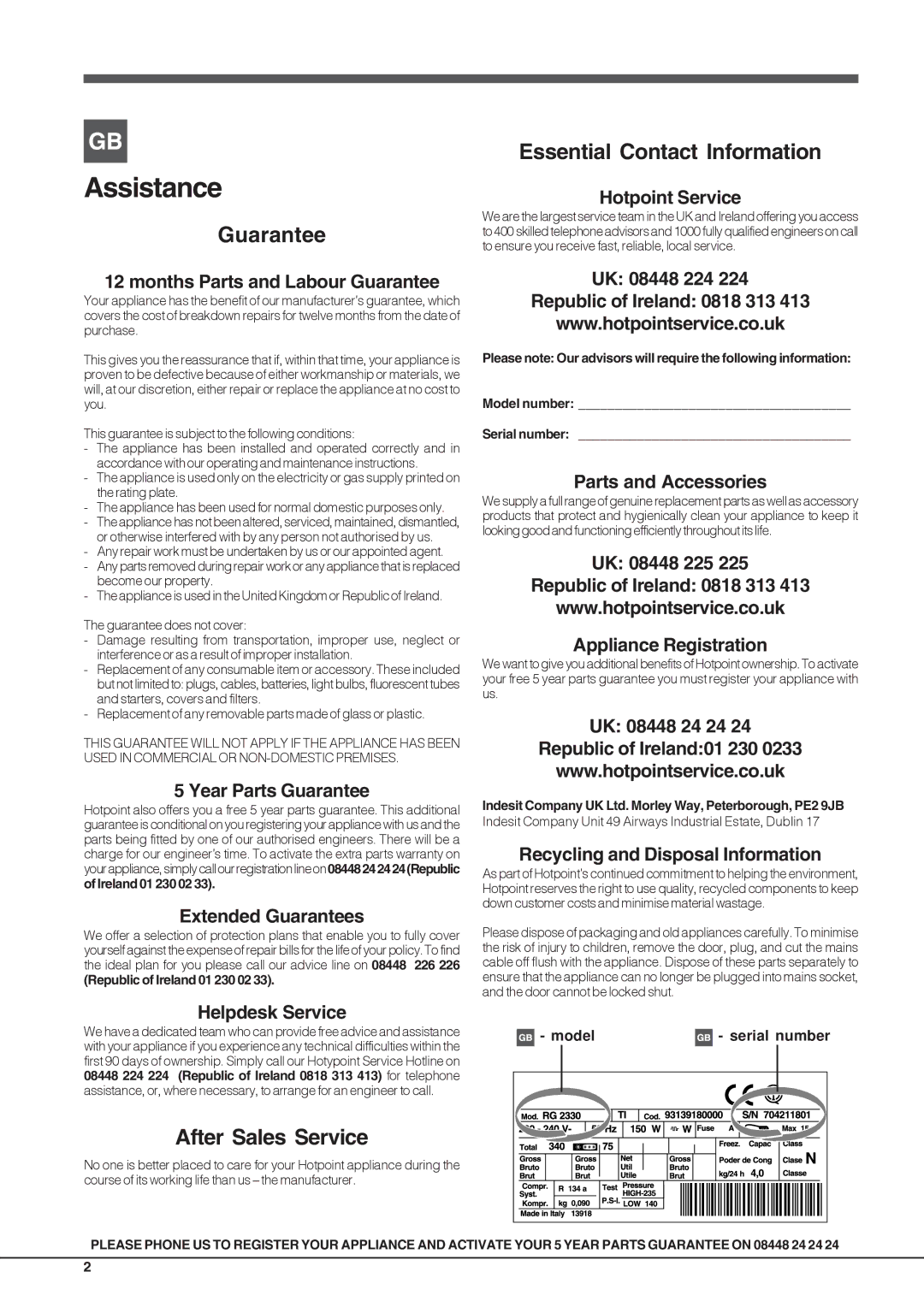 Hotpoint FZFM 171 xx, FZS 175 xx, FZFM 151 xx operating instructions Assistance 