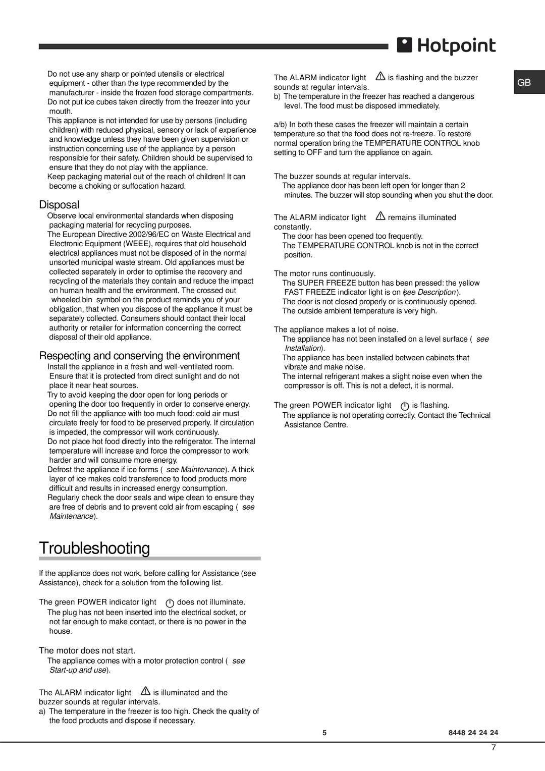 Hotpoint FZFM 151 xx, FZS 175 xx, FZFM 171 xx Troubleshooting, Disposal, Respecting and conserving the environment 