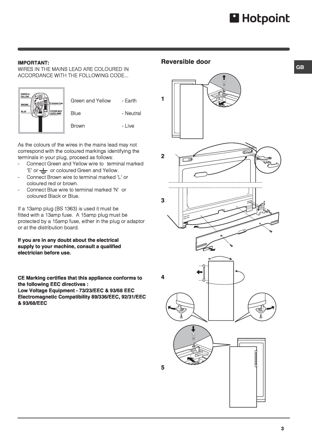 Hotpoint FZS175X, FZS175P, FZS175G operating instructions Reversible door 