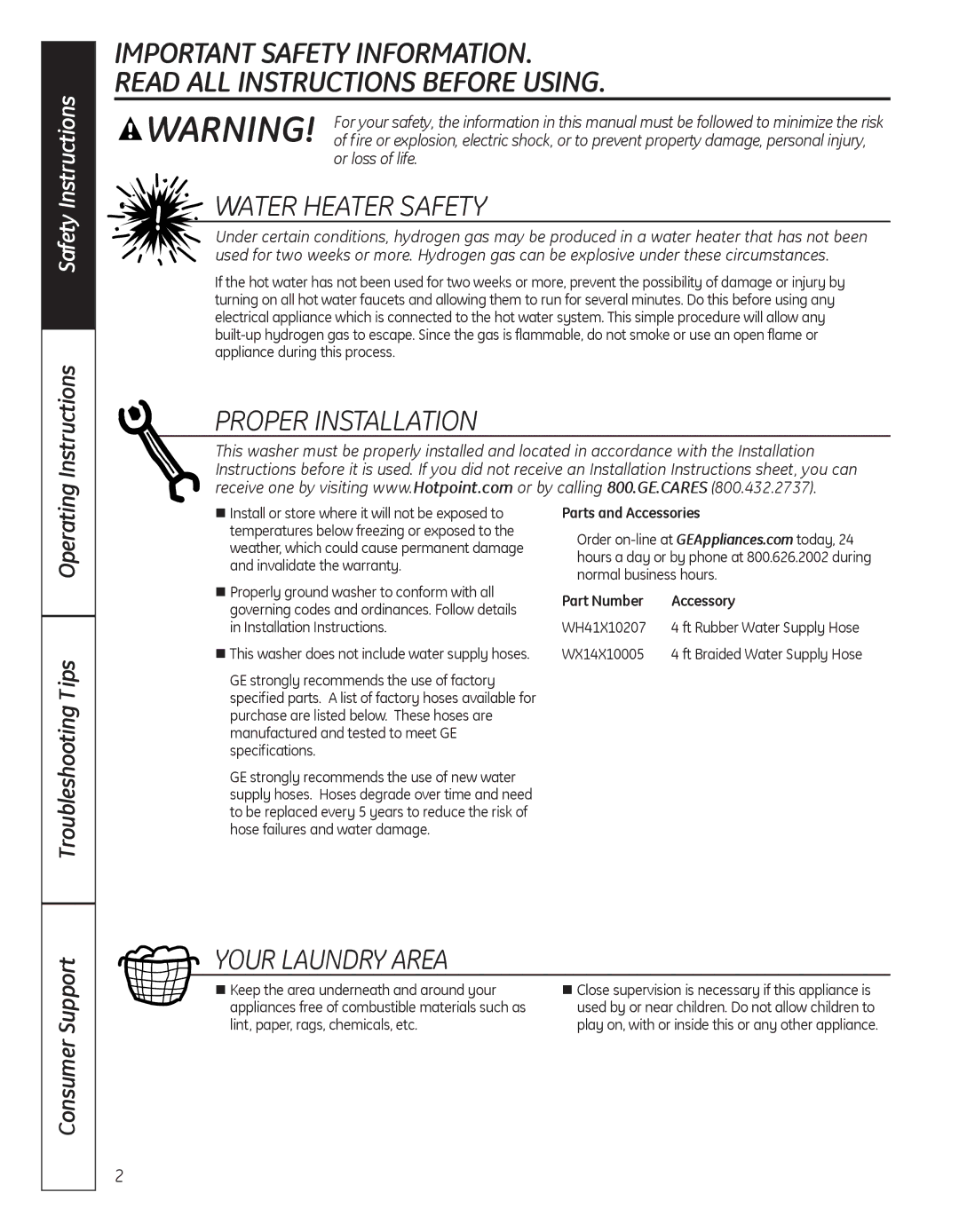 Hotpoint G134 operating instructions WaTEr HEaTEr SaFETY, ProPEr InSTaLLaTIon, Your LaundrY arEa, Operating 