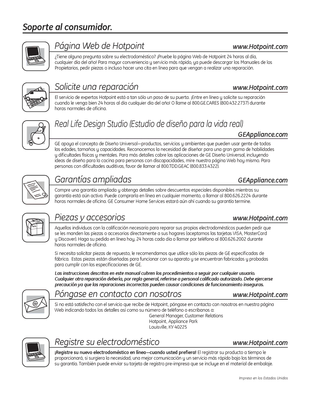 Hotpoint G134 Soporte al consumidor Página Web de Hotpoint, Solicite una reparación, Garantías ampliadas 