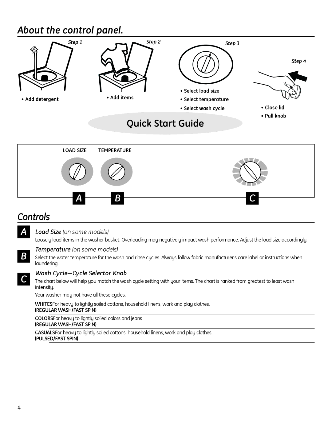 Hotpoint G134 operating instructions About the control panel, Controls, Wash Cycle-Cycle Selector Knob 