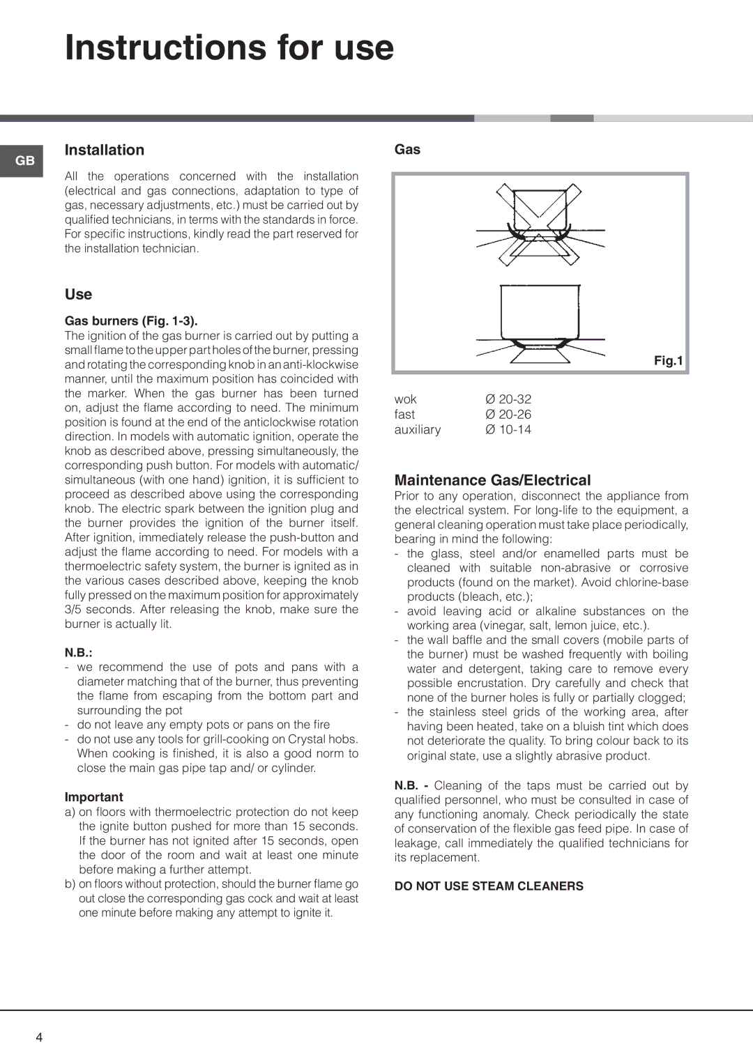 Hotpoint G320GIX, G3201LIX manual Instructions for use, Installation, Use, Maintenance Gas/Electrical, Gas burners Fig 